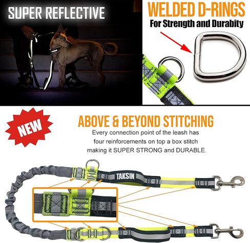 TAKSIN The Ultimate Hands Free Two Dogs Double Leash System for Walking Running Hiking Training, Reflective Bungee Leash, Treat Holder, Poop Bag Dispenser for Small Medium Large Dogs (Grey Pack) in Saudi Arabia