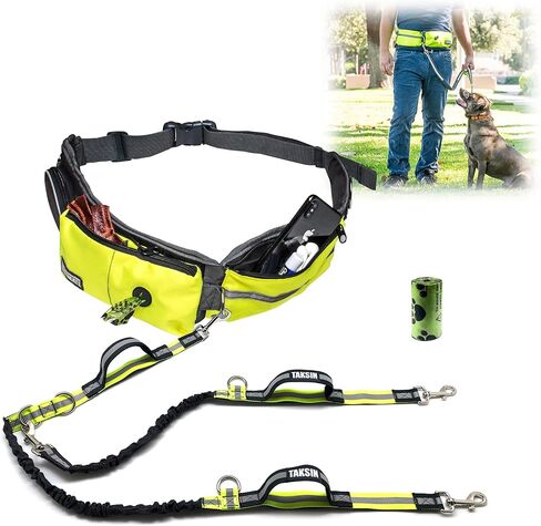 TAKSIN The Ultimate Hands Free Two Dogs Double Leash System for Walking Running Hiking Training, Reflective Bungee Leash, Treat Holder, Poop Bag Dispenser for Small Medium Large Dogs (Grey Pack) in Saudi Arabia