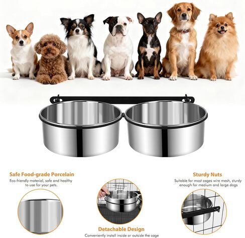 Dog Crate Water Bowls 2Pack, 40oz Stainless Steel Dual Hanging Pet Bowls, Wall-Mounted Dog Food & Water Feeder, Elevated Non-Spill Kennel Bowl Set for Medium & Large Dogs and Cats in Kuwait