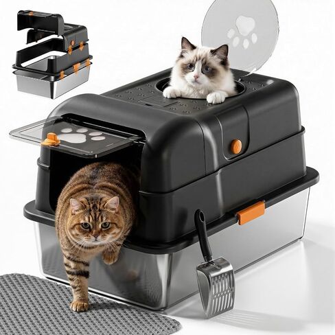 24″Lx16″Wx15″H Non-Stick Stainless Steel Litter Box with Lid, No-Mess Odor Control Anti-Leak Cat Litter Box, 3-in-1 Fully Enclosed High-Sided Litterbox with Flip Top (Gray) in Kuwait