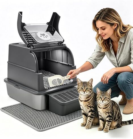 PAKEWAY XXL Stainless Steel Cat Litter Box, Flip-Top Lid for Easy Scooping, 2-Way Exit Anti-Tracking Litter Mat, Extra Deep High Sided, Odor Control, Foldable for Multi-Cat Families in Kuwait