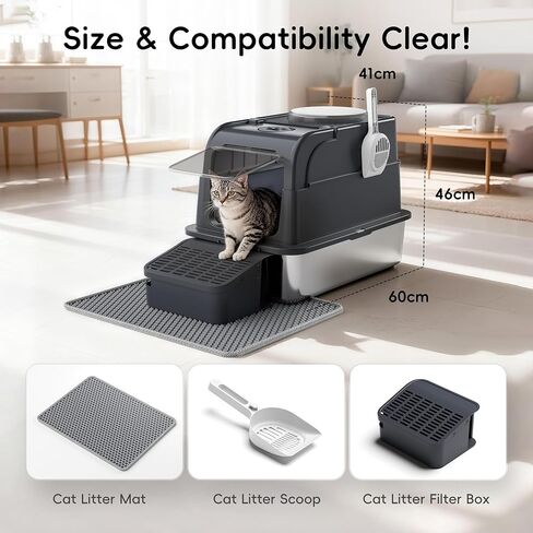 PAKEWAY XXL Stainless Steel Cat Litter Box, Flip-Top Lid for Easy Scooping, 2-Way Exit Anti-Tracking Litter Mat, Extra Deep High Sided, Odor Control, Foldable for Multi-Cat Families in Kuwait