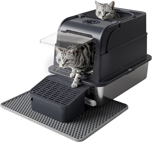 PAKEWAY XXL Stainless Steel Cat Litter Box, Flip-Top Lid for Easy Scooping, 2-Way Exit Anti-Tracking Litter Mat, Extra Deep High Sided, Odor Control, Foldable for Multi-Cat Families in Kuwait