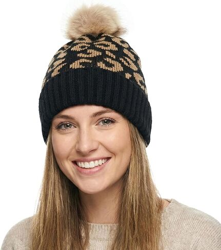 Knit Beanie Hat for Women Men, Winter Warm Leopard Hat with Faux Fur Pom Thick Soft Slouchy Snow Skull Ski Cap in Saudi Arabia