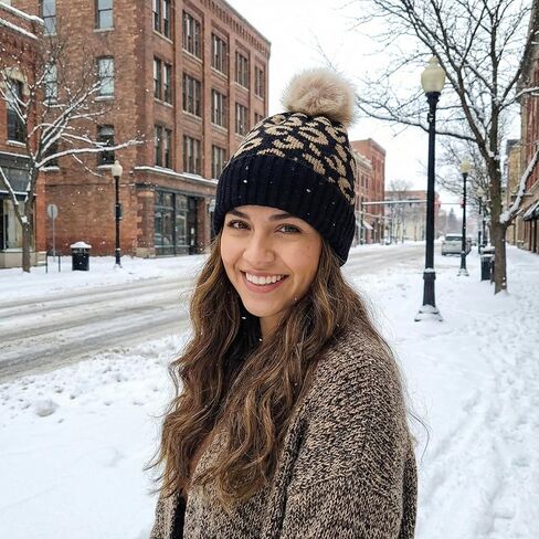 Knit Beanie Hat for Women Men, Winter Warm Leopard Hat with Faux Fur Pom Thick Soft Slouchy Snow Skull Ski Cap in Saudi Arabia