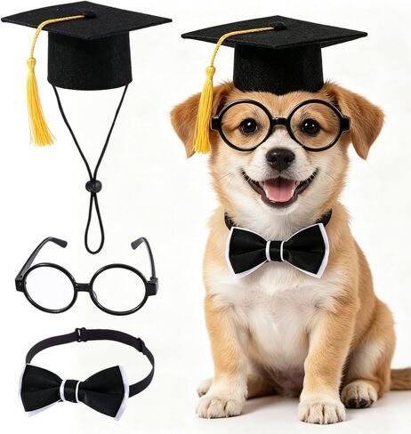 3 Pcs Dog Graduation Cap and Gown Set, 2026 Pets Mini Graduation Caps with Tassel Bow Tie and Glasses, Photo Props for Small Medium Dogs Cats Graduation Ceremonies, Party Dress Costume Accessory in Kuwait
