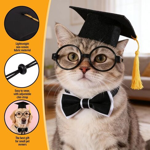 3 Pcs Dog Graduation Cap and Gown Set, 2026 Pets Mini Graduation Caps with Tassel Bow Tie and Glasses, Photo Props for Small Medium Dogs Cats Graduation Ceremonies, Party Dress Costume Accessory in Kuwait