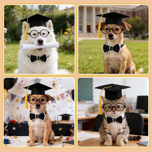 3 Pcs Dog Graduation Cap and Gown Set, 2026 Pets Mini Graduation Caps with Tassel Bow Tie and Glasses, Photo Props for Small Medium Dogs Cats Graduation Ceremonies, Party Dress Costume Accessory in Kuwait