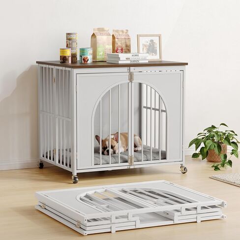 ONBRILL Heavy Duty Dog Crate with Wheels, Foldable Dog Crate Furniture with Arched Door & Spring Locks for Small/Medium Dogs, Escape Proof Pet Kennel Cage Use as TV Stand, Fast Assembly (White, 31") in Kuwait