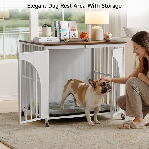 ONBRILL Heavy Duty Dog Crate with Wheels, Foldable Dog Crate Furniture with Arched Door & Spring Locks for Small/Medium Dogs, Escape Proof Pet Kennel Cage Use as TV Stand, Fast Assembly (White, 31") in Kuwait
