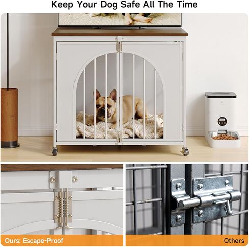 ONBRILL Heavy Duty Dog Crate with Wheels, Foldable Dog Crate Furniture with Arched Door & Spring Locks for Small/Medium Dogs, Escape Proof Pet Kennel Cage Use as TV Stand, Fast Assembly (White, 31") in Kuwait