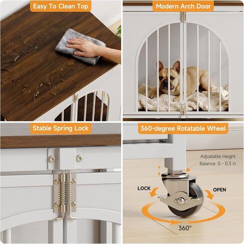 ONBRILL Heavy Duty Dog Crate with Wheels, Foldable Dog Crate Furniture with Arched Door & Spring Locks for Small/Medium Dogs, Escape Proof Pet Kennel Cage Use as TV Stand, Fast Assembly (White, 31") in Kuwait
