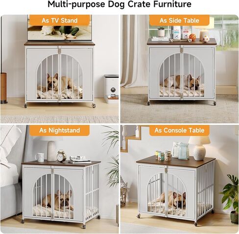 ONBRILL Heavy Duty Dog Crate with Wheels, Foldable Dog Crate Furniture with Arched Door & Spring Locks for Small/Medium Dogs, Escape Proof Pet Kennel Cage Use as TV Stand, Fast Assembly (White, 31") in Kuwait