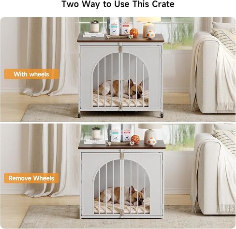 ONBRILL Heavy Duty Dog Crate with Wheels, Foldable Dog Crate Furniture with Arched Door & Spring Locks for Small/Medium Dogs, Escape Proof Pet Kennel Cage Use as TV Stand, Fast Assembly (White, 31") in Kuwait