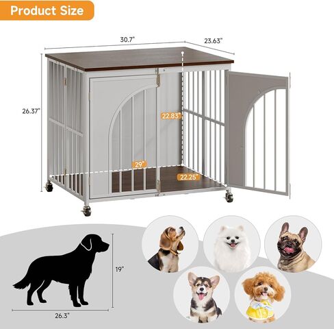 ONBRILL Heavy Duty Dog Crate with Wheels, Foldable Dog Crate Furniture with Arched Door & Spring Locks for Small/Medium Dogs, Escape Proof Pet Kennel Cage Use as TV Stand, Fast Assembly (White, 31") in Kuwait