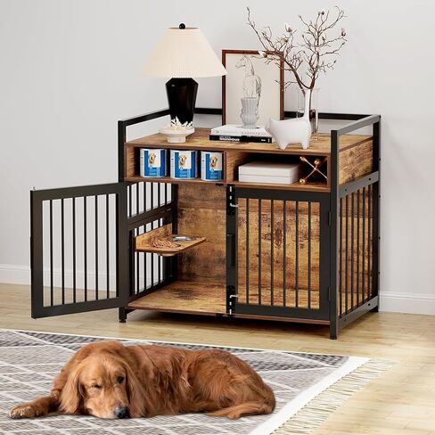 48 in Wooden Dog Crate Furniture with 2 Drawers Storage, 360°and Adjustable Raised Feeder, Large Dog Kennel Furniture with Storage for Large/Medium Dog Indoor, Brown in Kuwait