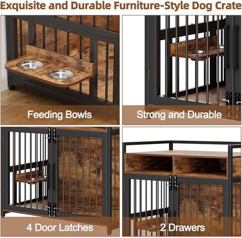 48 in Wooden Dog Crate Furniture with 2 Drawers Storage, 360°and Adjustable Raised Feeder, Large Dog Kennel Furniture with Storage for Large/Medium Dog Indoor, Brown in Kuwait