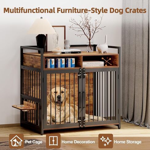 48 in Wooden Dog Crate Furniture with 2 Drawers Storage, 360°and Adjustable Raised Feeder, Large Dog Kennel Furniture with Storage for Large/Medium Dog Indoor, Brown in Kuwait
