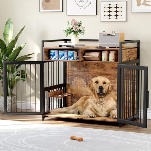 48 in Wooden Dog Crate Furniture with 2 Drawers Storage, 360°and Adjustable Raised Feeder, Large Dog Kennel Furniture with Storage for Large/Medium Dog Indoor, Brown in Kuwait