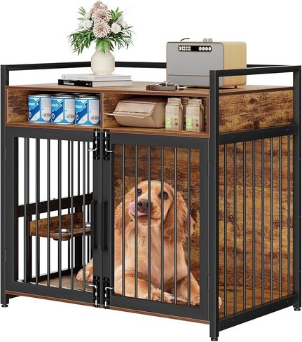 48 in Wooden Dog Crate Furniture with 2 Drawers Storage, 360°and Adjustable Raised Feeder, Large Dog Kennel Furniture with Storage for Large/Medium Dog Indoor, Brown in Kuwait