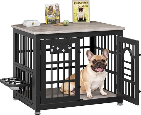Lulive Dog Crate Furniture 31.5" Wooden Dog Kennel Table with Bowls Heavy Duty Dog Crates for Small/Medium/Large Dogs, Dog Kennel Furniture Indoor as TV Stand End Table,Brown in Kuwait