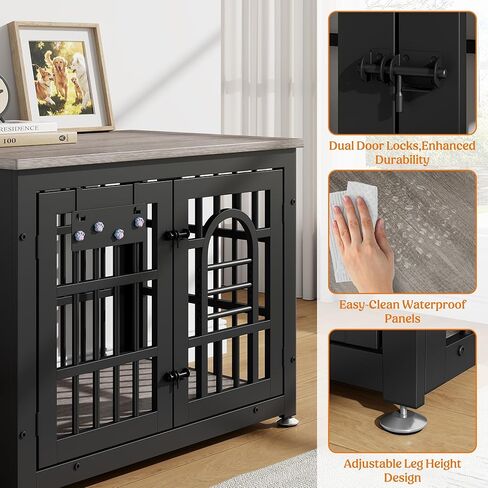 Lulive Dog Crate Furniture 31.5" Wooden Dog Kennel Table with Bowls Heavy Duty Dog Crates for Small/Medium/Large Dogs, Dog Kennel Furniture Indoor as TV Stand End Table,Brown in Kuwait
