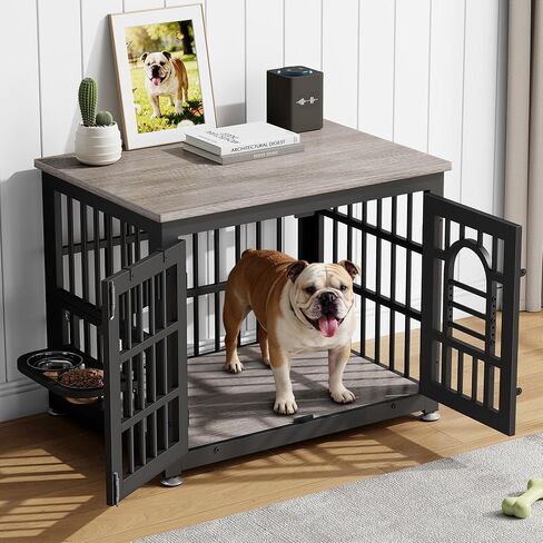Lulive Dog Crate Furniture 31.5" Wooden Dog Kennel Table with Bowls Heavy Duty Dog Crates for Small/Medium/Large Dogs, Dog Kennel Furniture Indoor as TV Stand End Table,Brown in Kuwait