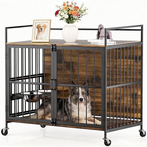 40'' Large Dog Crate Furniture, Heavy Duty Dog Kennel Furniture for Large and Medium Dogs, Indoor Wooden Dog Cage Furniture End Table with Wheels in Kuwait