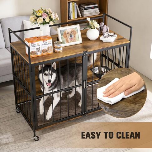 40'' Large Dog Crate Furniture, Heavy Duty Dog Kennel Furniture for Large and Medium Dogs, Indoor Wooden Dog Cage Furniture End Table with Wheels in Kuwait