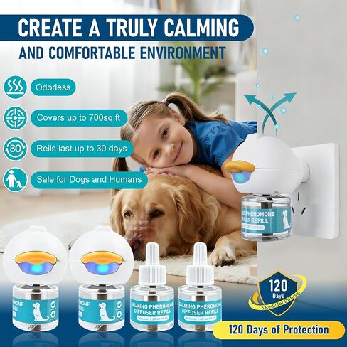 Dog Calming Diffuser, Calming Pheromones Diffuser Kit for Stress, Barking, Chewing, Pee Accidents & Separation Anxiety (2 Plug in + 4 Refill) 120-Day Supply in Kuwait