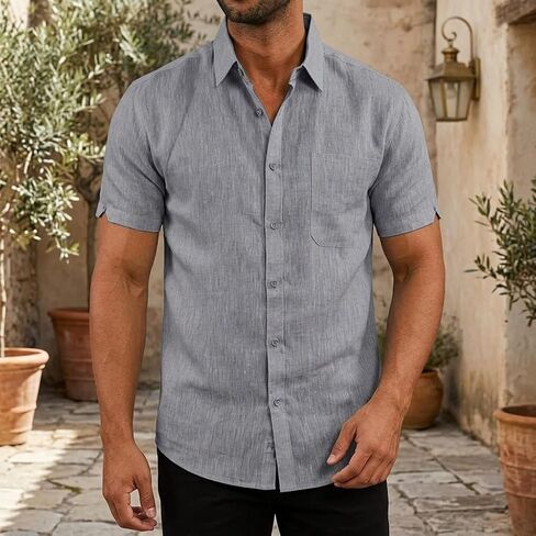 Men's Linen Shirts Short Sleeve Button Down Casual Beach Shirt Fashion Summer Clothes in Saudi Arabia