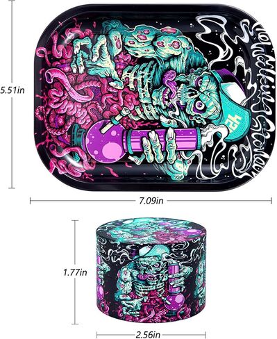 Spice mills and rolling tray set - fun patterned spice grinder with medium metal tray, suitable for kitchen and everyday use, black. in Kuwait