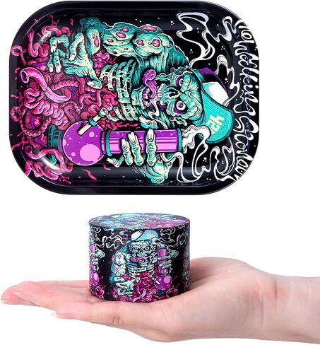 Spice mills and rolling tray set - fun patterned spice grinder with medium metal tray, suitable for kitchen and everyday use, black. in Kuwait