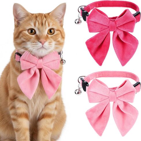 2 Pcs Pink Cat Collar Breakaway with Bow Bells Soft Pure Cotton Cat Bowtie Collar with Bell Safety Buckle Small Cats Collars for Girl Cats Adjustable Cute Kitten Collars with Removable Bowtie in Kuwait