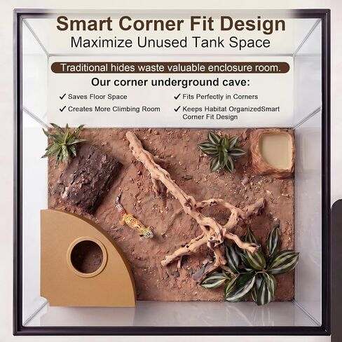 Saillong Premium Leopard Gecko Tank Accessories Reptile Corner Underground Cave Humid Hide & Viewing Cave for Leopard Gecko, Snake Hide Geckos Tank Accessories for Climbing, Shedding & Enrichment in Kuwait