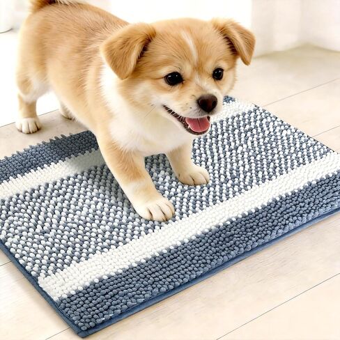 pobopobo Dog Door Mat for Muddy Paws - Absorbent & Washable Chenille Rug, Non-Slip Dirt Trapper for Indoor Outdoor Entryway, Quick Dry Pet Mat for Muddy Dogs (Gray-Blue&White, 24" x 16") in Kuwait