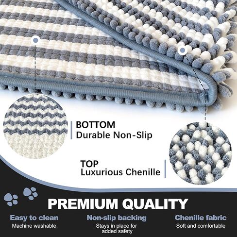 pobopobo Dog Door Mat for Muddy Paws - Absorbent & Washable Chenille Rug, Non-Slip Dirt Trapper for Indoor Outdoor Entryway, Quick Dry Pet Mat for Muddy Dogs (Gray-Blue&White, 24" x 16") in Kuwait