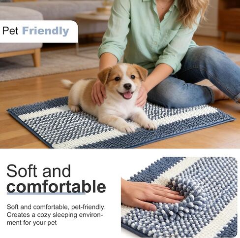 pobopobo Dog Door Mat for Muddy Paws - Absorbent & Washable Chenille Rug, Non-Slip Dirt Trapper for Indoor Outdoor Entryway, Quick Dry Pet Mat for Muddy Dogs (Gray-Blue&White, 24" x 16") in Kuwait