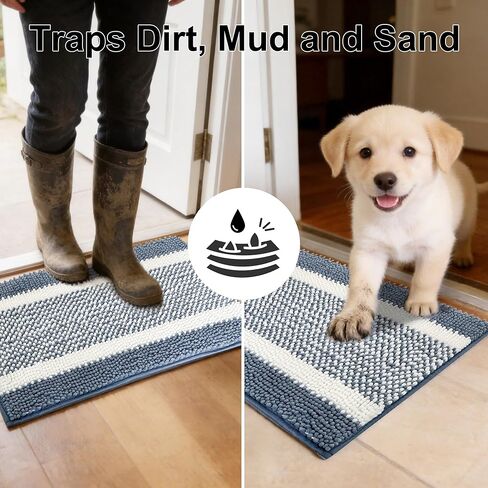 pobopobo Dog Door Mat for Muddy Paws - Absorbent & Washable Chenille Rug, Non-Slip Dirt Trapper for Indoor Outdoor Entryway, Quick Dry Pet Mat for Muddy Dogs (Gray-Blue&White, 24" x 16") in Kuwait
