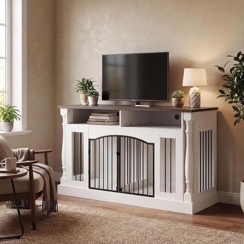 63 Inch Double Dog Crate TV Stand, Heavy Duty Wooden Dog Crate Furniture for 2 Dogs, Dog Kennel Indoor Furniture Ideal for 2 Dogs in Kuwait