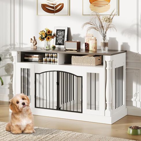 63 Inch Double Dog Crate TV Stand, Heavy Duty Wooden Dog Crate Furniture for 2 Dogs, Dog Kennel Indoor Furniture Ideal for 2 Dogs in Kuwait