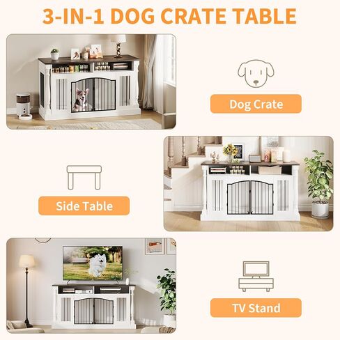 63 Inch Double Dog Crate TV Stand, Heavy Duty Wooden Dog Crate Furniture for 2 Dogs, Dog Kennel Indoor Furniture Ideal for 2 Dogs in Kuwait