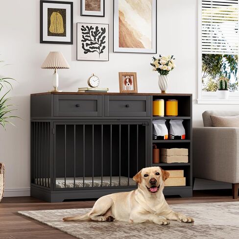 GarveeHome Dog Crate Furniture مقاس 47 بوصة، حامل تلفزيون كبير للكلاب مع درجين و4 أرفف، بيت خشبي للكلاب داخلي، قفص كلب مزخرف مع تخزين للكلاب الكبيرة، أسود in Kuwait