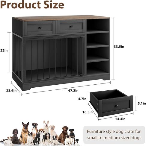 GarveeHome Dog Crate Furniture مقاس 47 بوصة، حامل تلفزيون كبير للكلاب مع درجين و4 أرفف، بيت خشبي للكلاب داخلي، قفص كلب مزخرف مع تخزين للكلاب الكبيرة، أسود in Kuwait