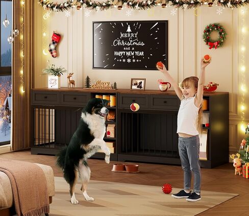 GarveeHome Dog Crate Furniture مقاس 47 بوصة، حامل تلفزيون كبير للكلاب مع درجين و4 أرفف، بيت خشبي للكلاب داخلي، قفص كلب مزخرف مع تخزين للكلاب الكبيرة، أسود in Kuwait