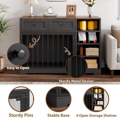 GarveeHome Dog Crate Furniture مقاس 47 بوصة، حامل تلفزيون كبير للكلاب مع درجين و4 أرفف، بيت خشبي للكلاب داخلي، قفص كلب مزخرف مع تخزين للكلاب الكبيرة، أسود in Kuwait