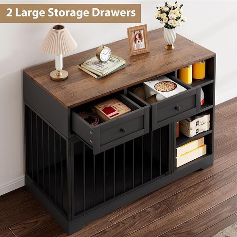 GarveeHome Dog Crate Furniture مقاس 47 بوصة، حامل تلفزيون كبير للكلاب مع درجين و4 أرفف، بيت خشبي للكلاب داخلي، قفص كلب مزخرف مع تخزين للكلاب الكبيرة، أسود in Kuwait