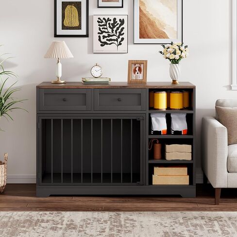 GarveeHome Dog Crate Furniture مقاس 47 بوصة، حامل تلفزيون كبير للكلاب مع درجين و4 أرفف، بيت خشبي للكلاب داخلي، قفص كلب مزخرف مع تخزين للكلاب الكبيرة، أسود in Kuwait