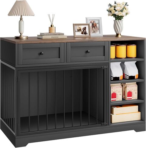 GarveeHome Dog Crate Furniture مقاس 47 بوصة، حامل تلفزيون كبير للكلاب مع درجين و4 أرفف، بيت خشبي للكلاب داخلي، قفص كلب مزخرف مع تخزين للكلاب الكبيرة، أسود in Kuwait