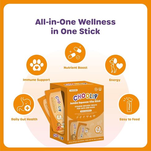 Choolip Squeeze Vita Stick Lickable Cat and Dog Treats - 20 عبوة من 40 جرام - هريس السمك الحقيقي مع الفيتامينات المتعددة والمضادات الحيوية - ترطيب ودعم الأمعاء والمناعة - السلالات الكبيرة ومنازل الحيوانات الأليفة المتعددة in Kuwait